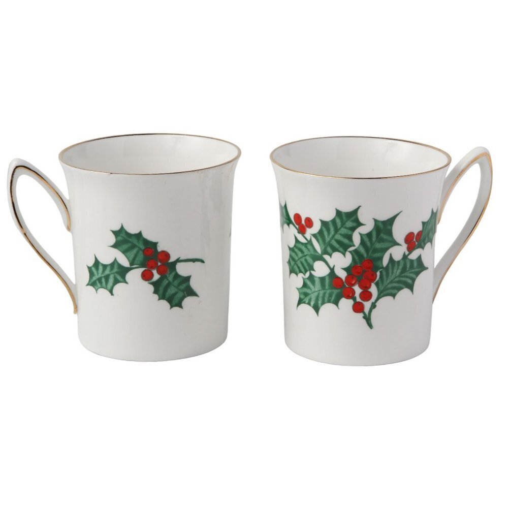 Vintage Rosino Christmas Bone China Mugs Holly Berry Gold Green Red 90s Holidays